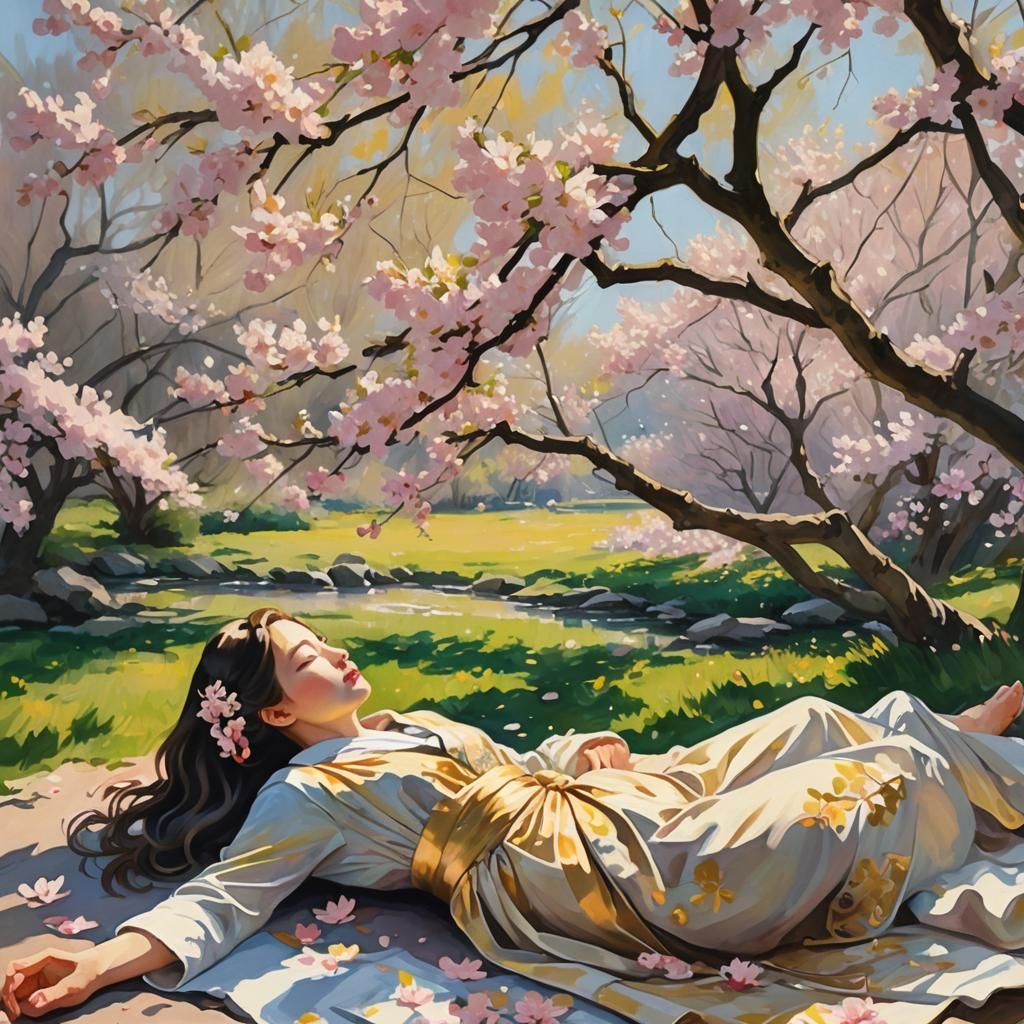 Ethereal Gouache: Serene Figure Under Cherry Blossoms