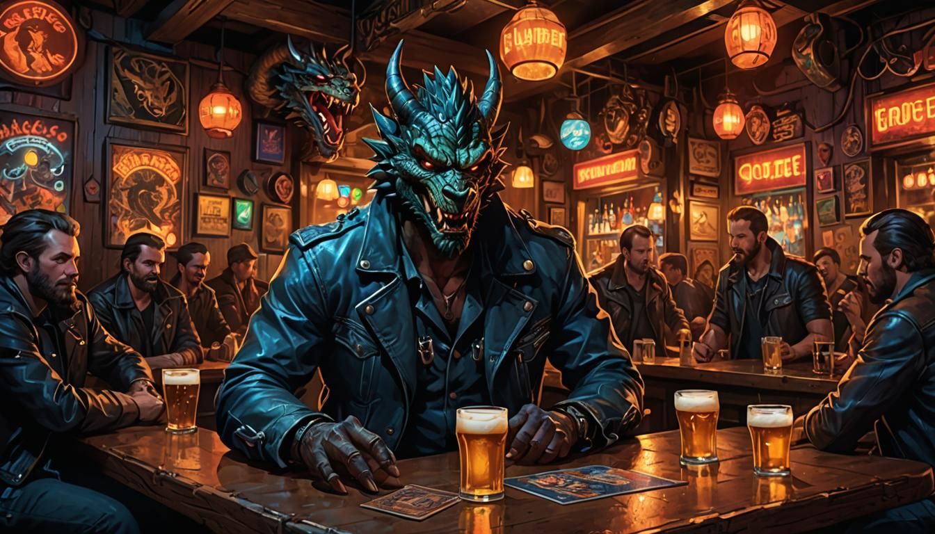 Dragon-Headed Man and Werewolf in Neon Lit Bar