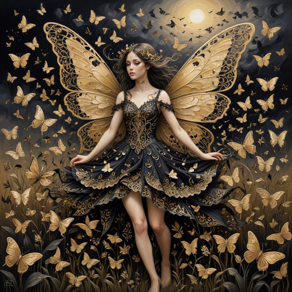 Black and Gold Fairy in a Whimsical Monochromatic Landscape
