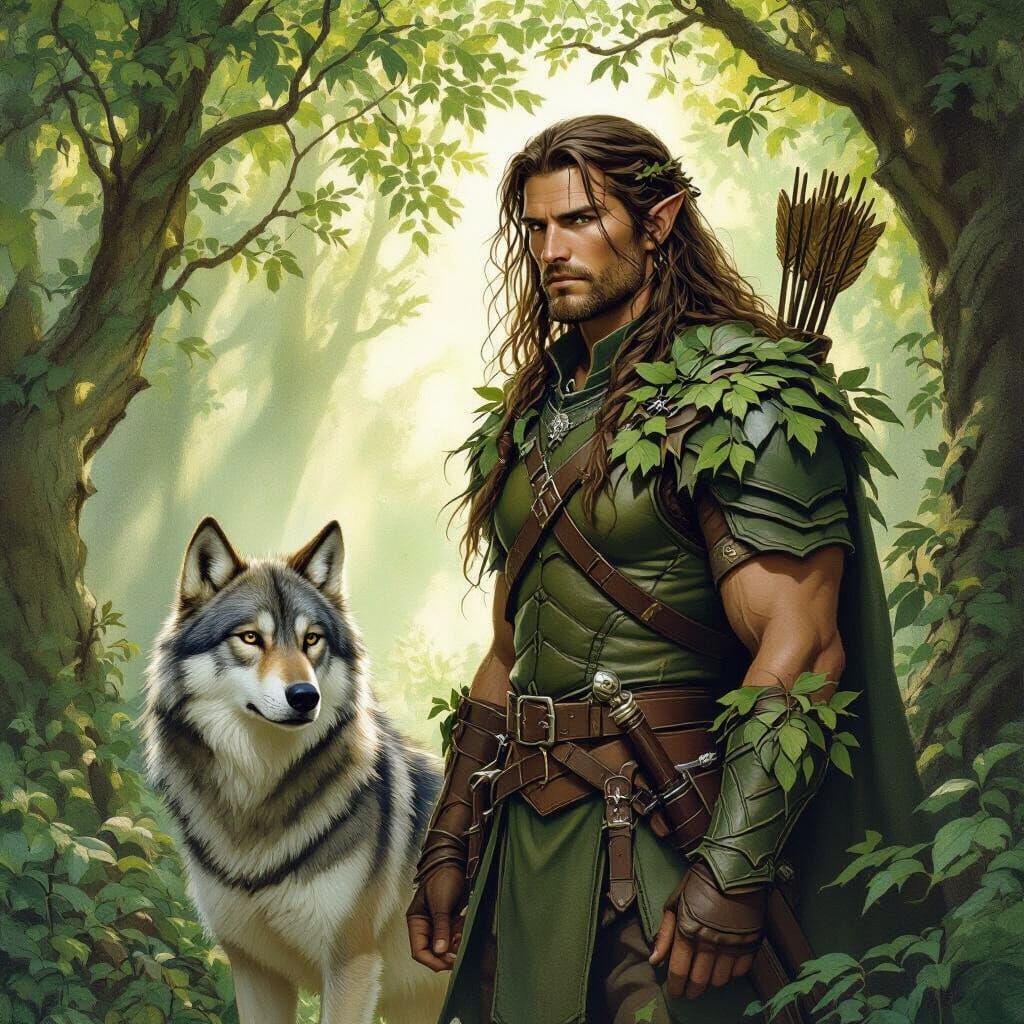 Forest Ranger and Wolf in Classic Fantasy Style