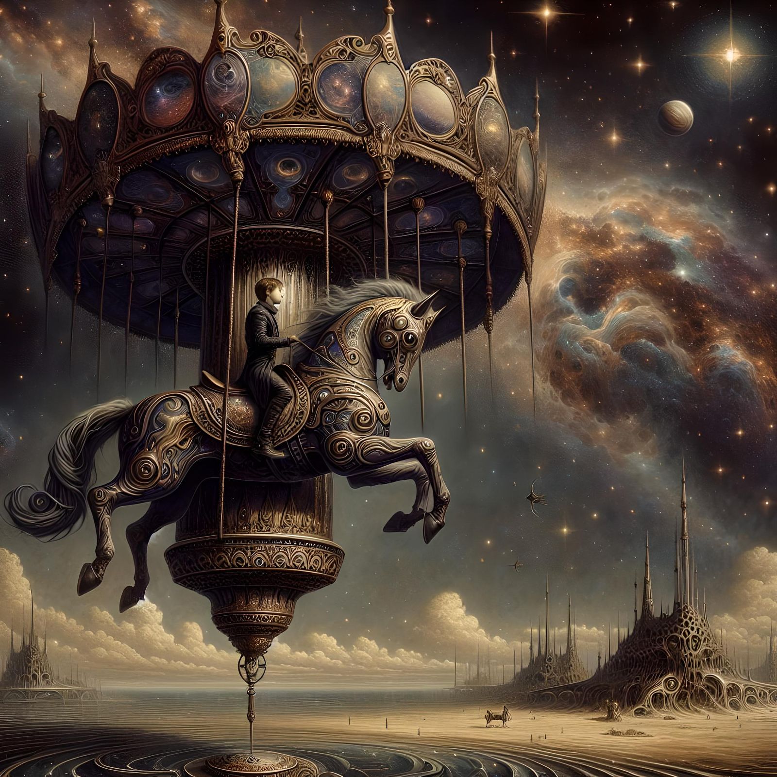 Steampunk Carousel Horse Soaring Through Cosmos, Detailed Ar...