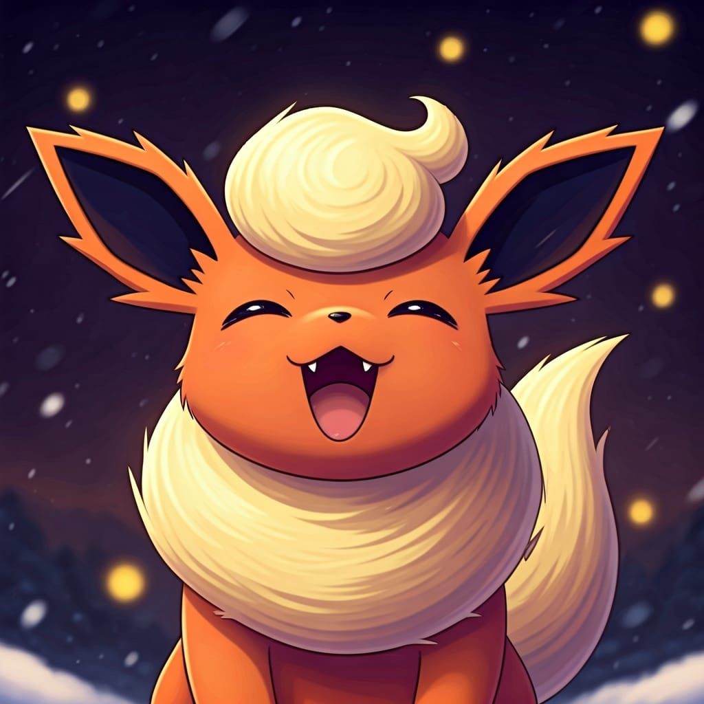 Cartoon Chibi Flareon's Joyful Snowy Night