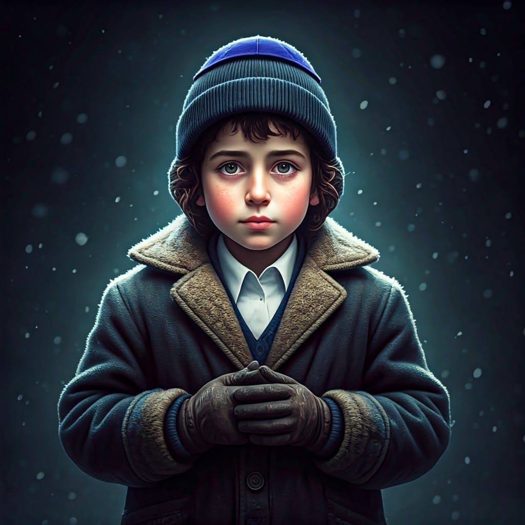 Hasidic Boy Builds Snowman in Winter Wonderland