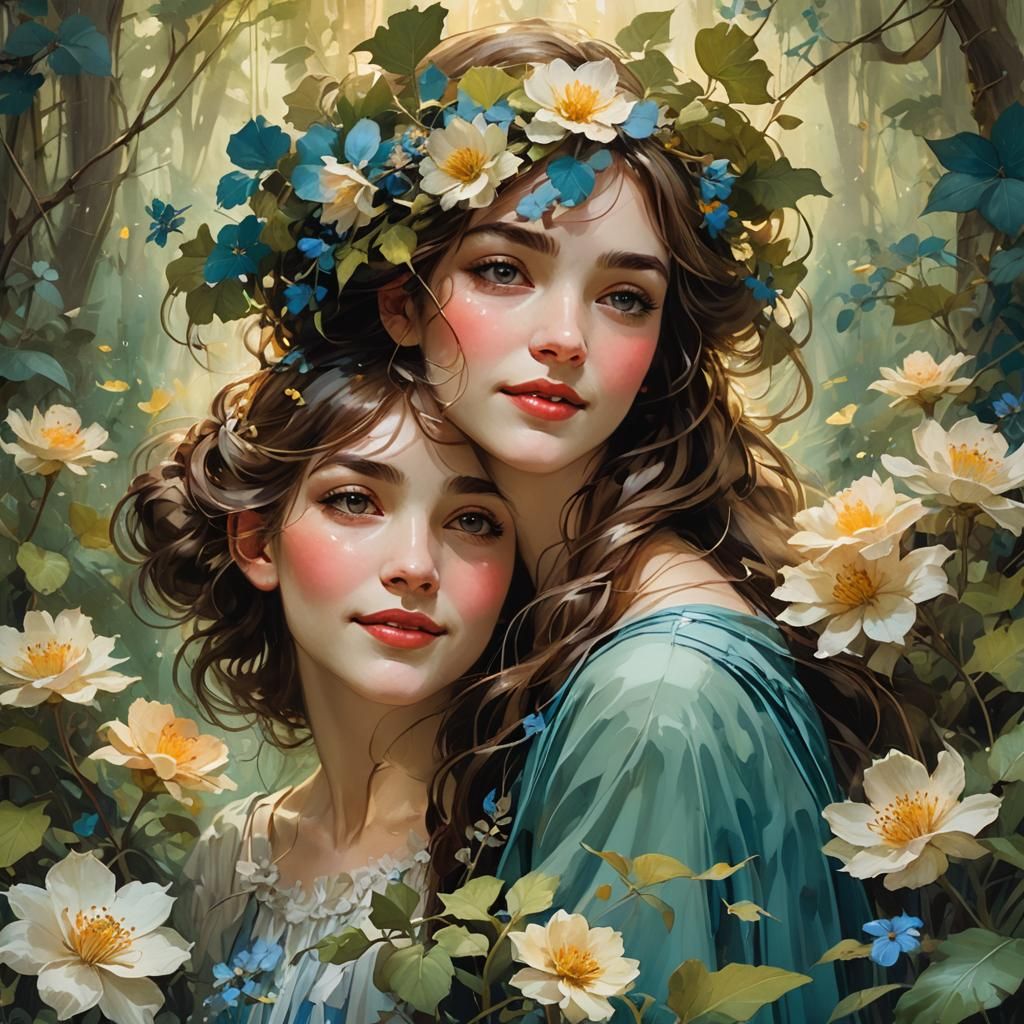 Mischievous Woman Portrait in Lush Forest, Whimsical Style