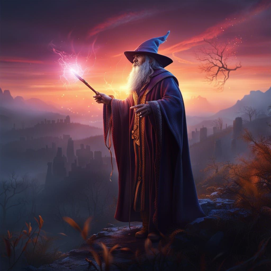 Fantasy Wizard Practicing Spells at Dawn