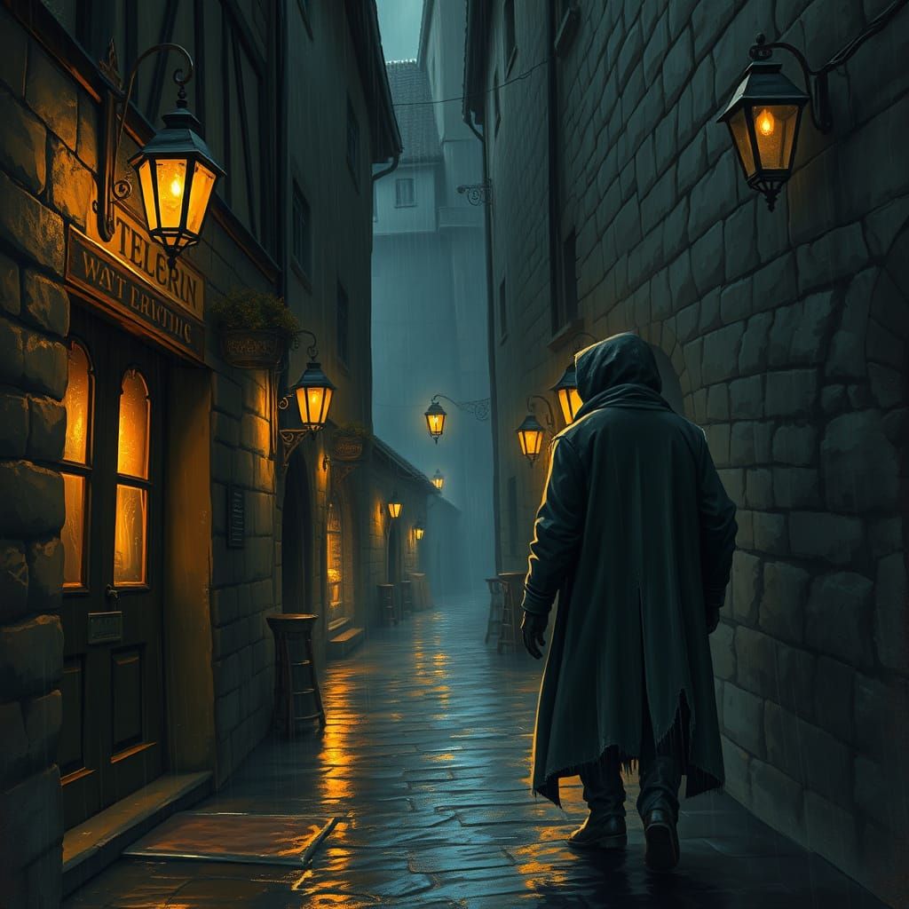 Mysterious Figure in Medieval Alleyway on Rainy Night
