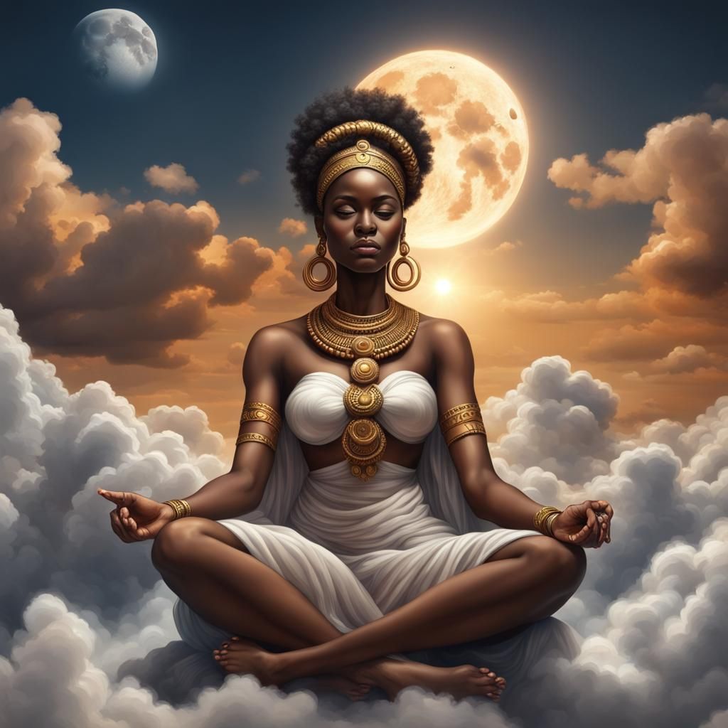 African Goddess Holding Sun and Moon in Clouds