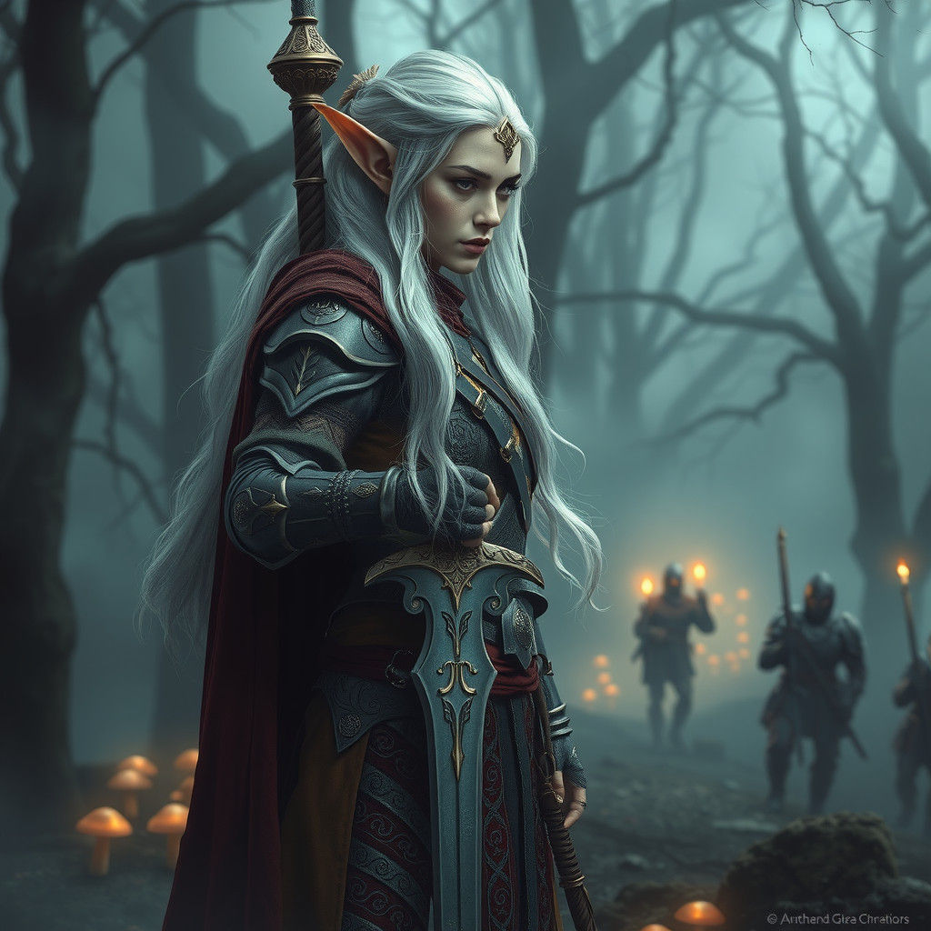 Female elf, long silver hair, sword in her hand, enemy soldiers walking through the fog towards her