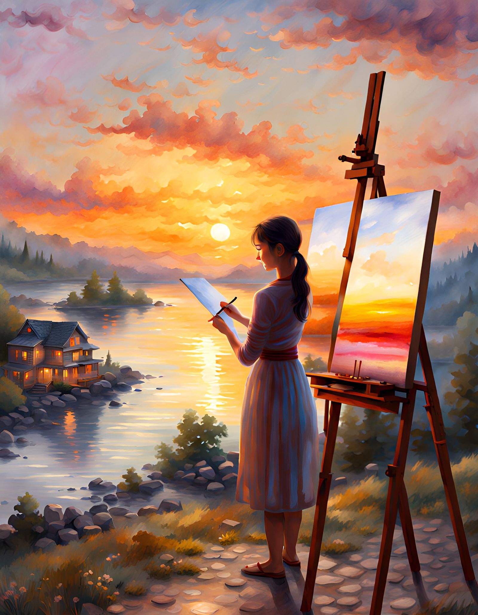 Girl Painting Watercolor Sunset in Ukiyo-e Style