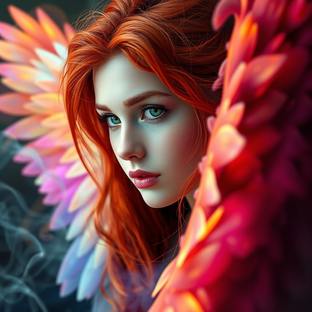 Enigmatic Red Haired Angel with Vibrant Wings