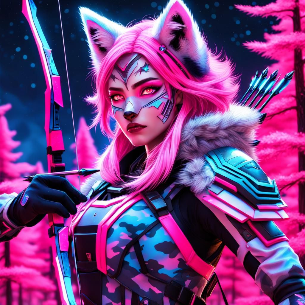 Neon Sci-Fi Anime Hunter in Starry Forest