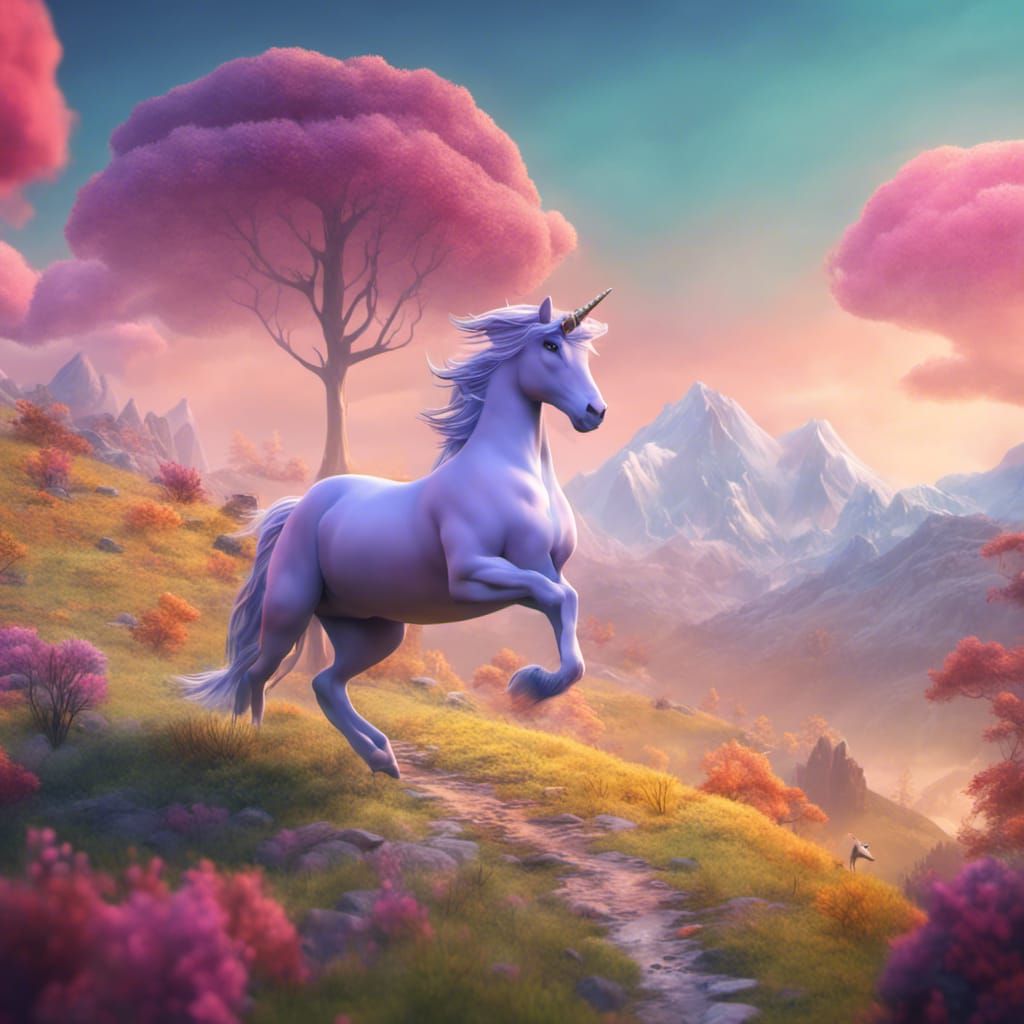 Unicorn and Cat in Misty Mountain Landscape