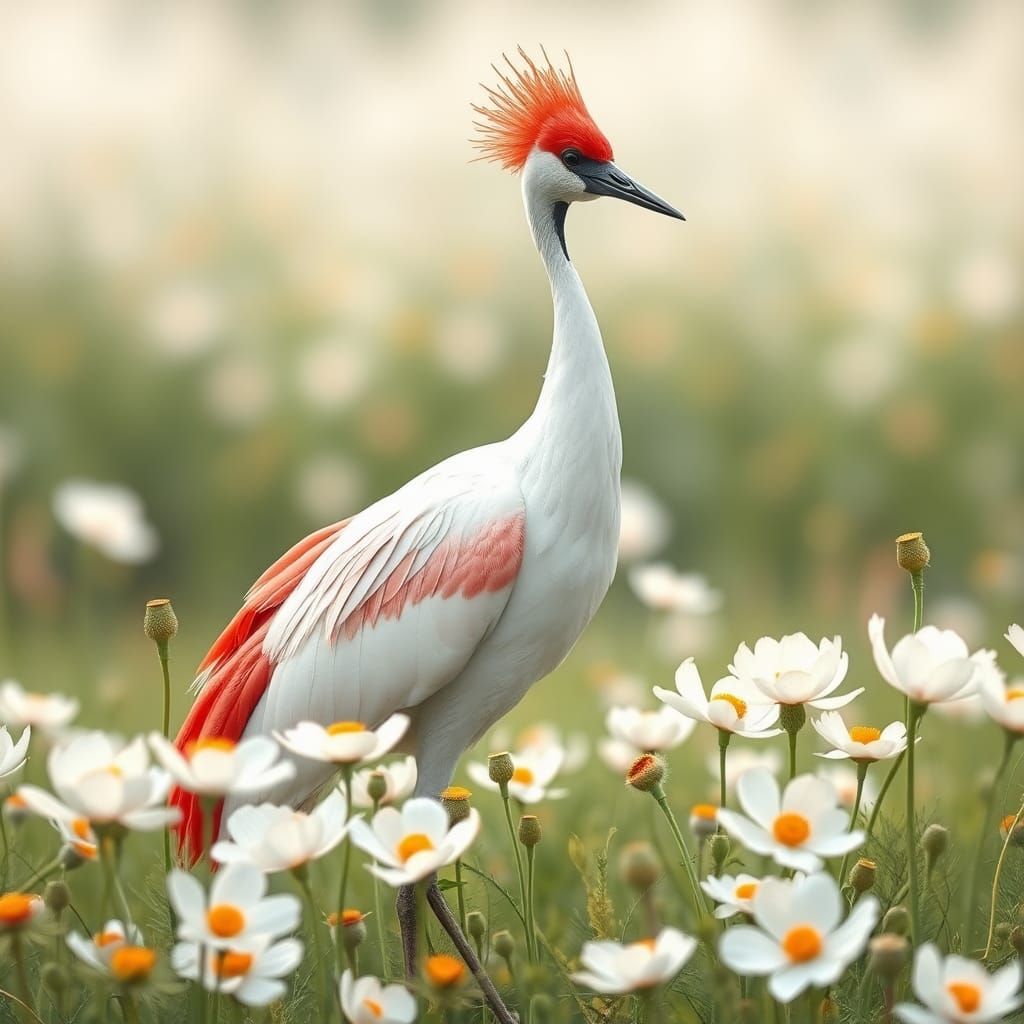Red Crown Crane in Poppy Field, Japanese Impasto Art