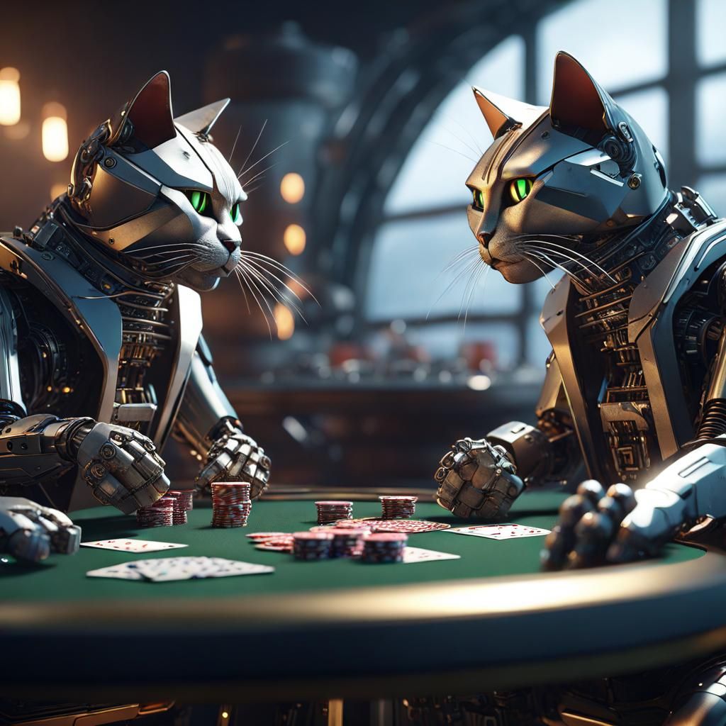 Cats Playing Poker in Futuristic Sci-Fi Style