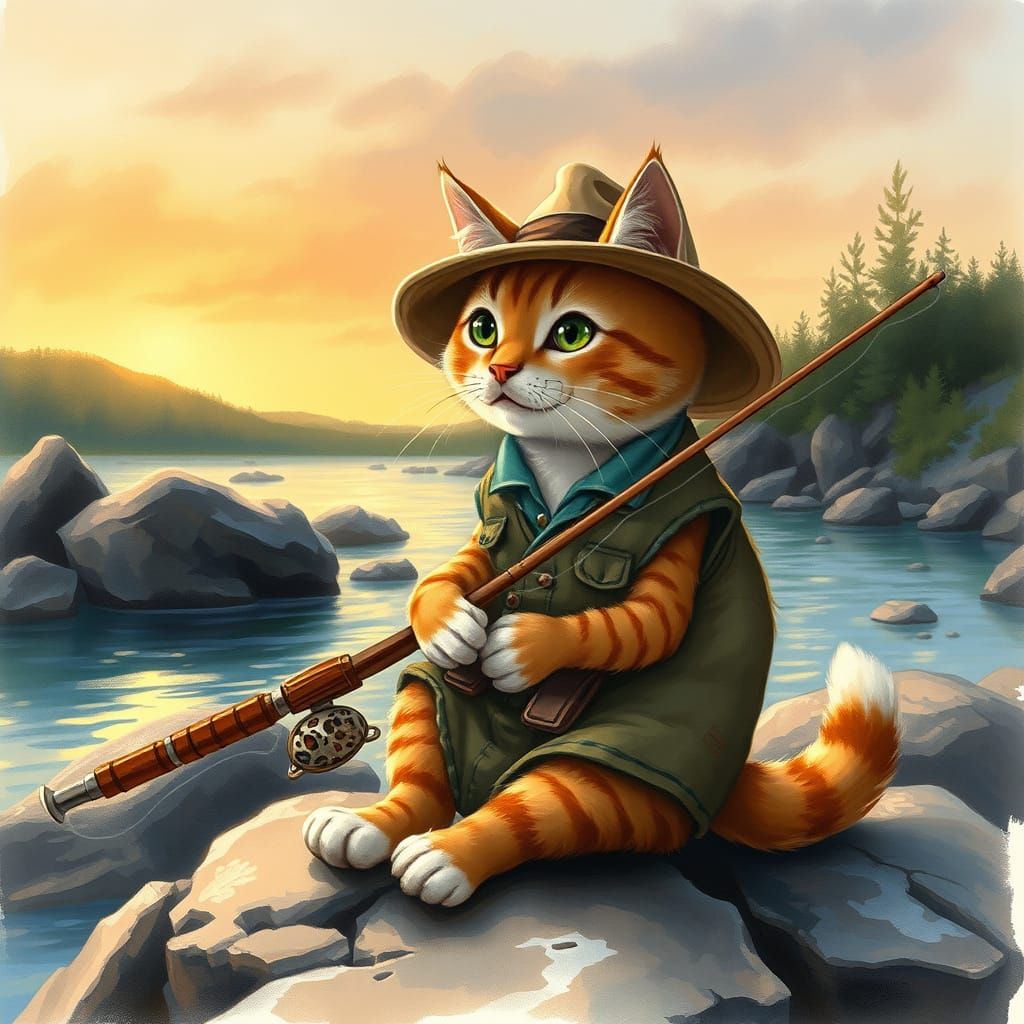 Cat Angler on Riverbank as Watercolor Painting