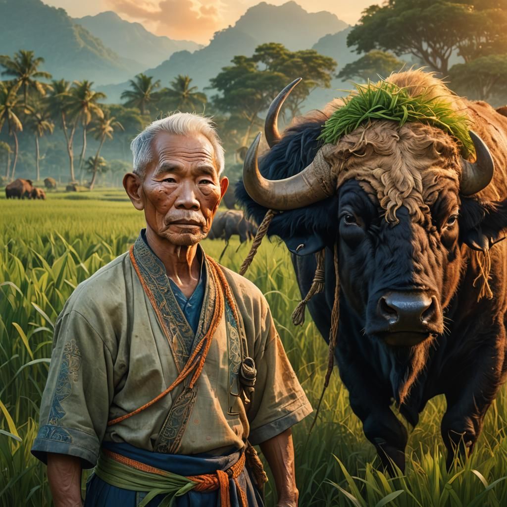 Elderly Man and Buffalo in Rice Field, Fantasy Art