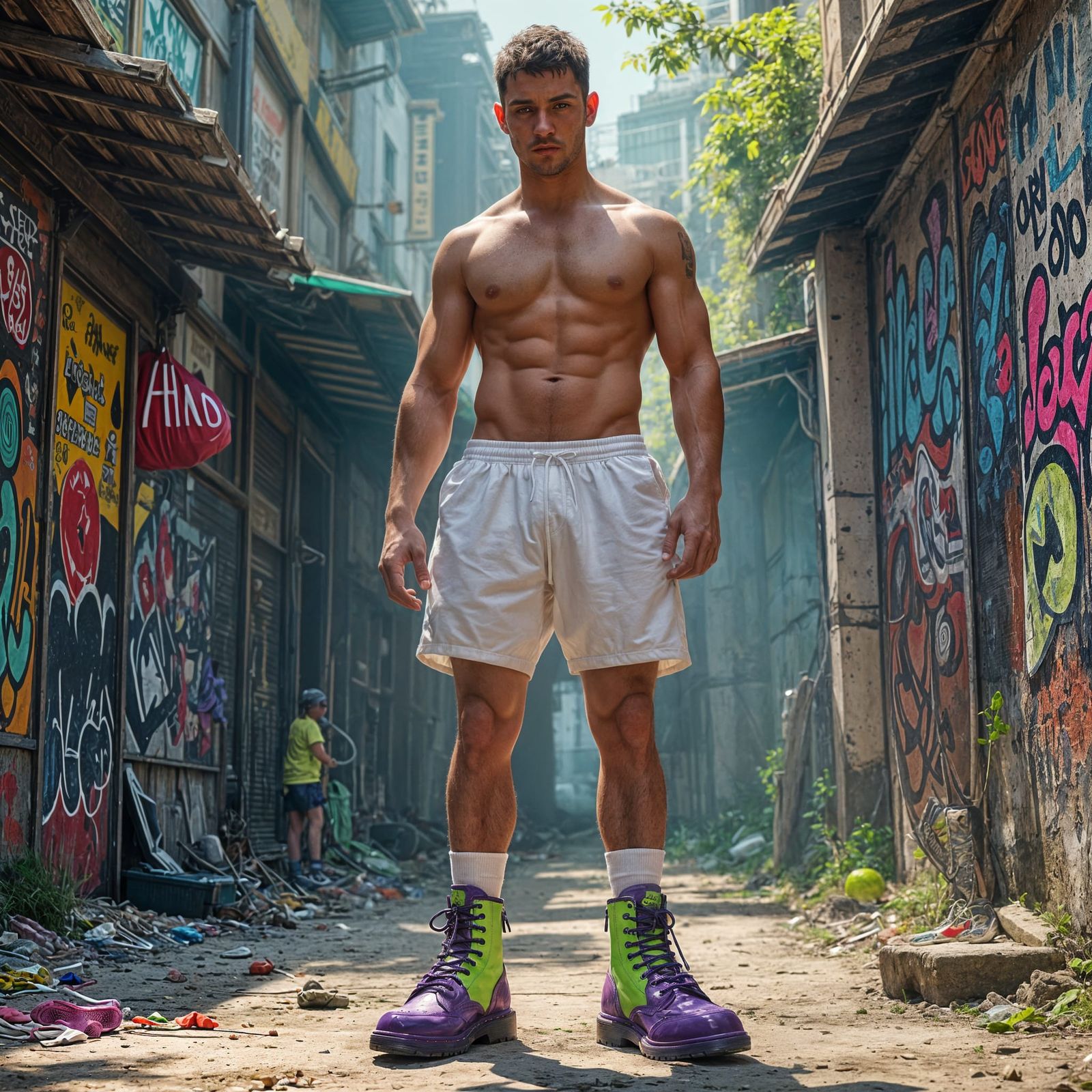 Handsome Scally Lad in Oversized Purple and Lime Green Boots
