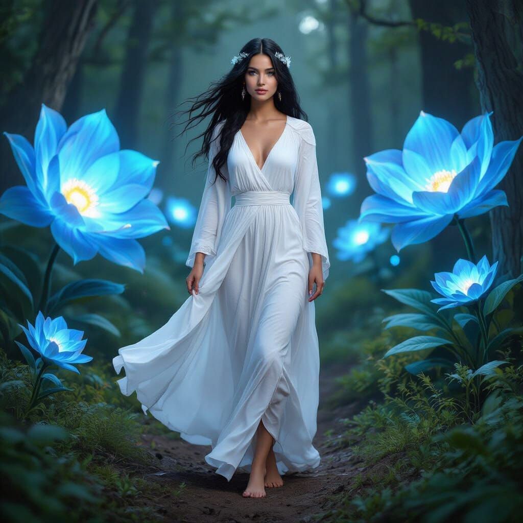 Priestess with Bioluminescent Flowers in Enchanted Forest