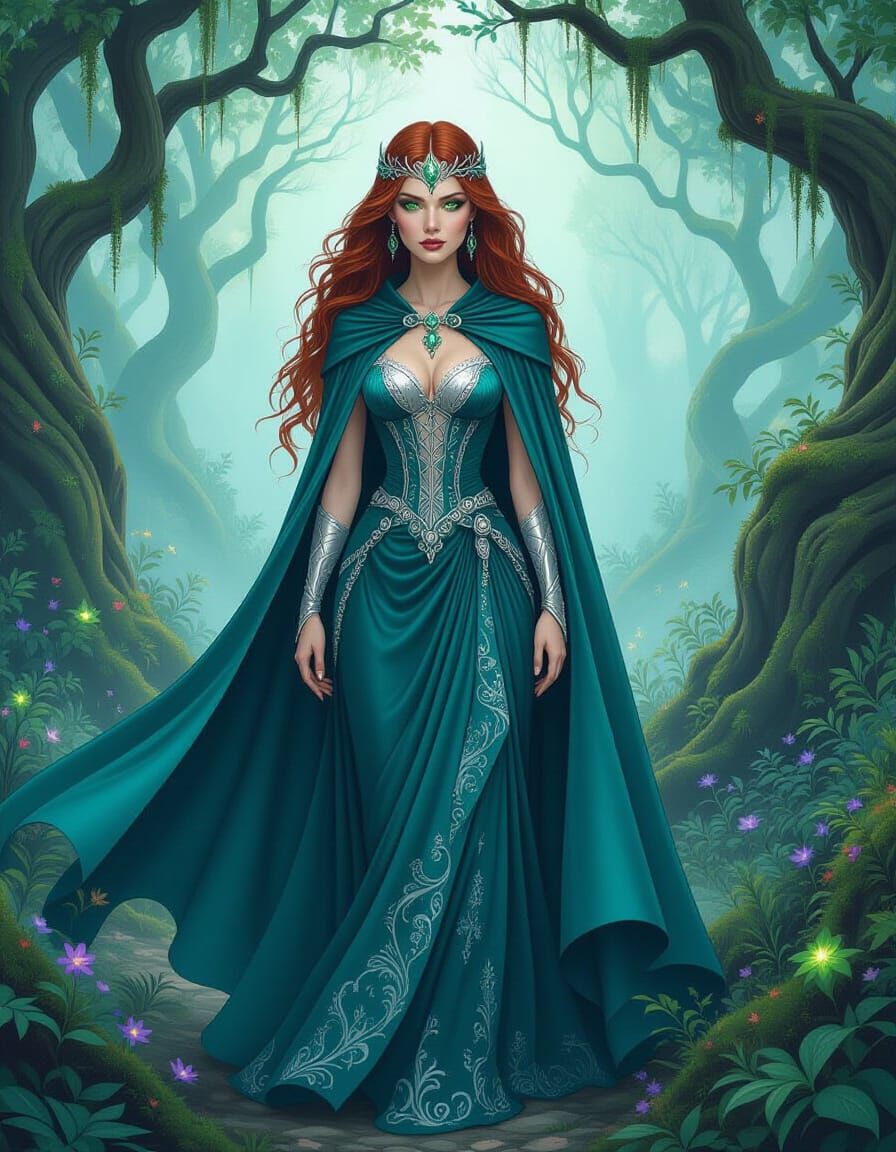 Mystical Witch in Enchanted Forest Fantasy Illustration