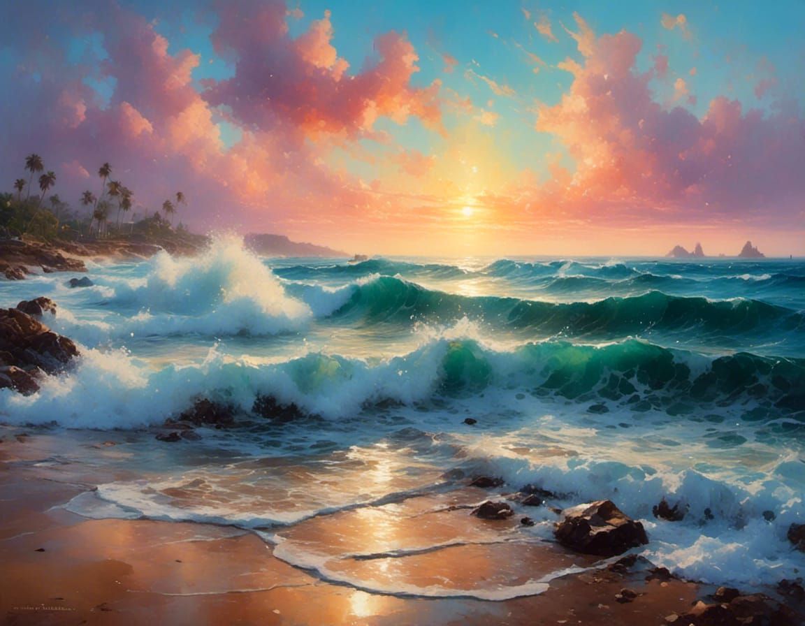 Tropical Sunset Beach with Dramatic Sky in Gouache Style