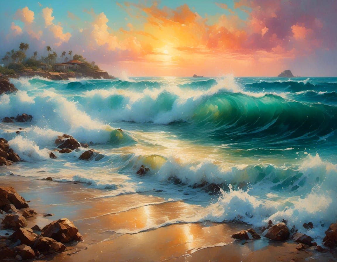 Tropical Beach Sunset in Gouache Impasto Style