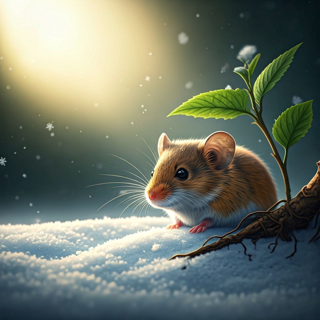 Tiny Mouse in Snowlit Forest Scene