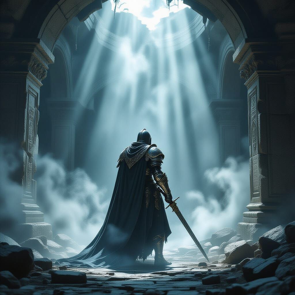 Ancient Knight in Misty Temple - Dark Fantasy Concept Art
