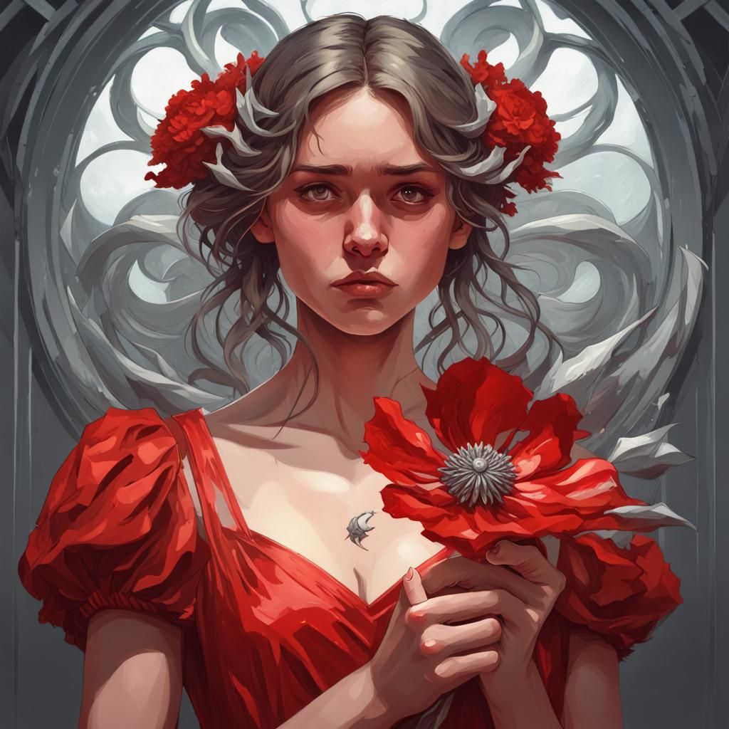 Sad Teenager Holding Metal Flower: Hyperdetailed Portrait