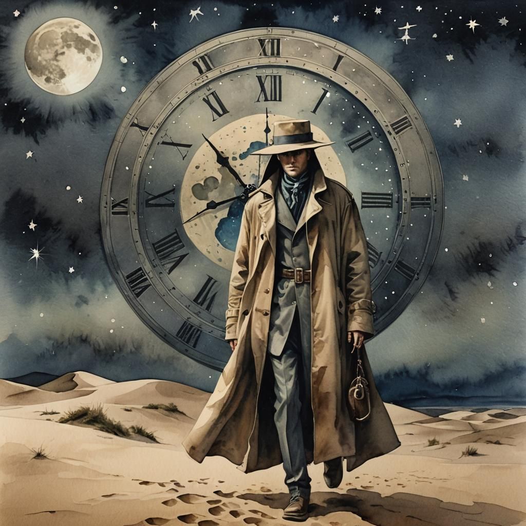 Figure in Dunes with Clock, Antique Watercolor Style