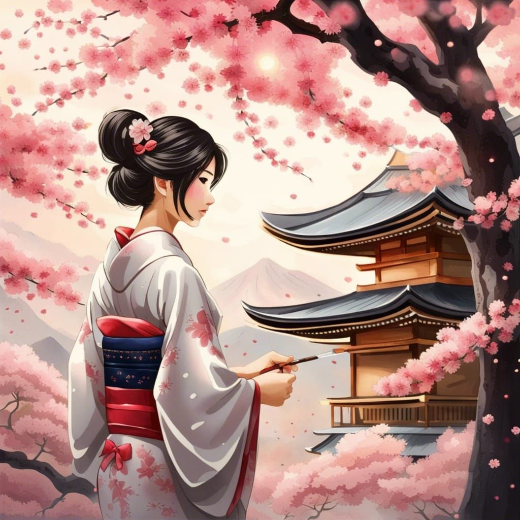 Japanese Cherry Blossoms and Temple