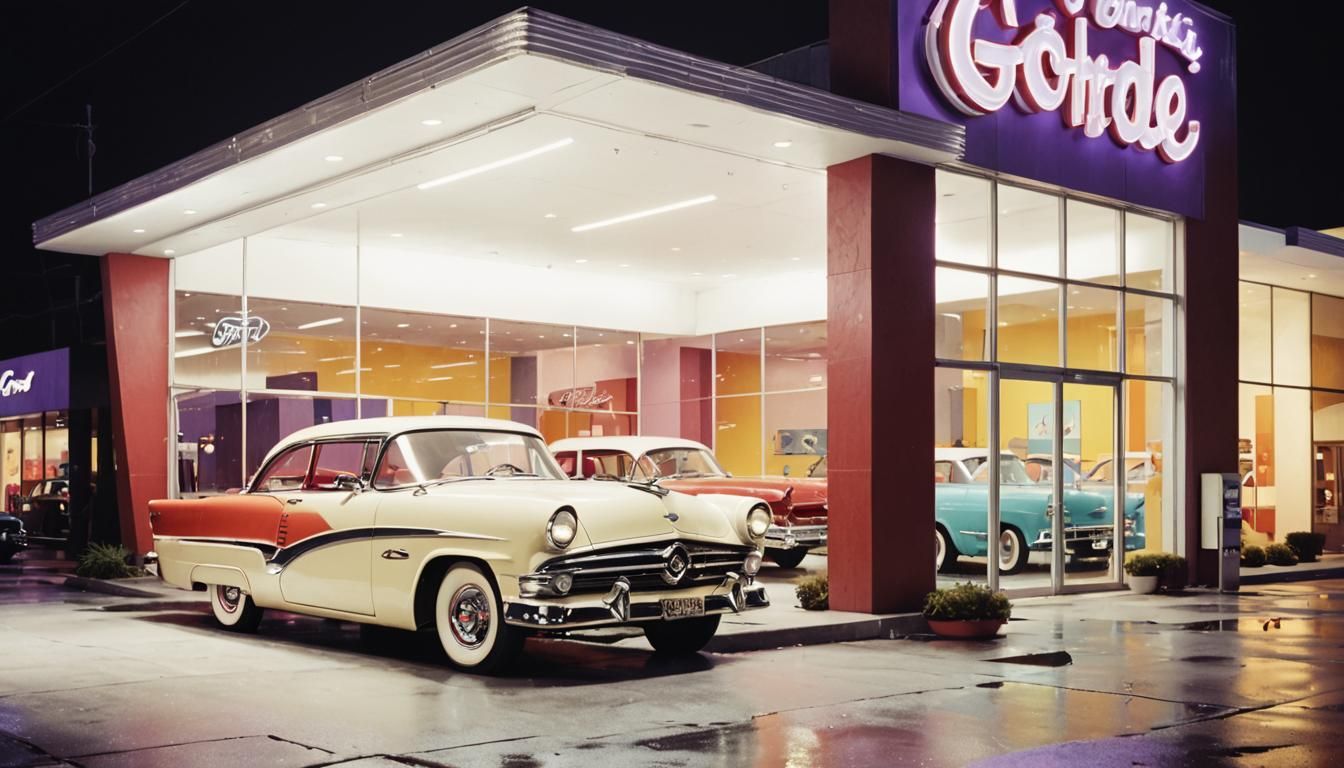 Futuristic Ford Showroom with Neon Reflections