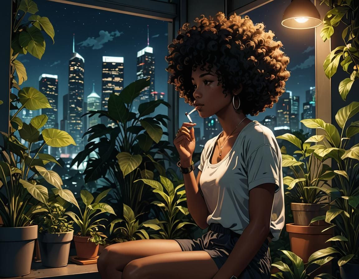 Anime Style: Woman with Afro Gazing at City Lights