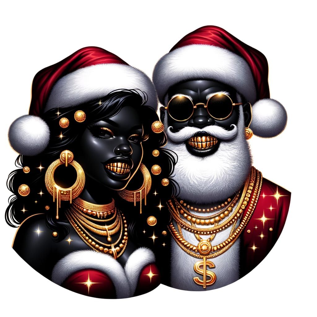 Black Santa and Mrs. Claus Dressed in Gold Jewelry