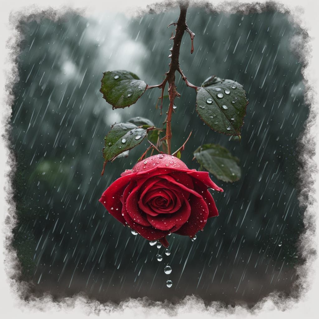 Red Rose in Rain, Forest Backdrop, Atmospheric