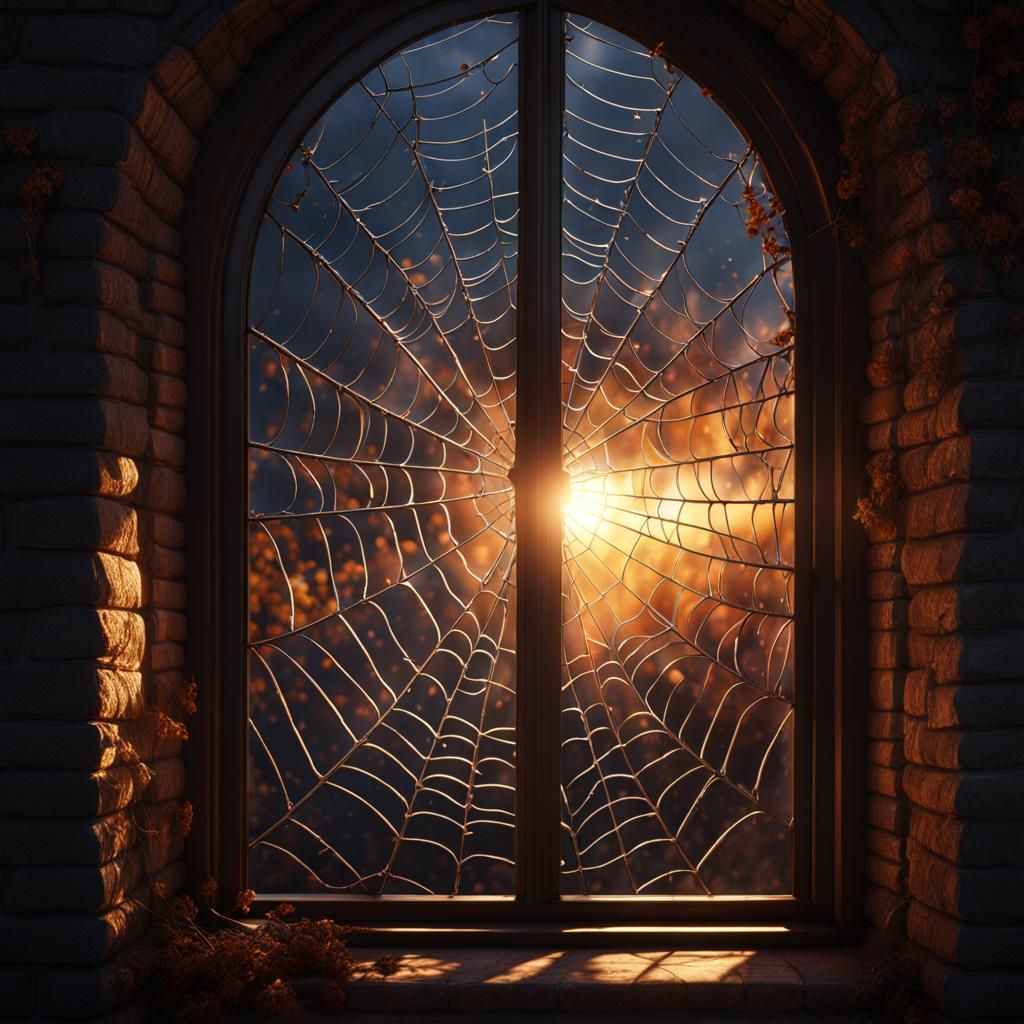 Sun shining eerie lighting thru the broken glass of an elega...