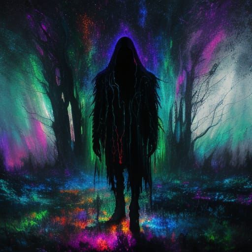 Surreal Bioluminescent Figure in Dark Fantasy Landscape