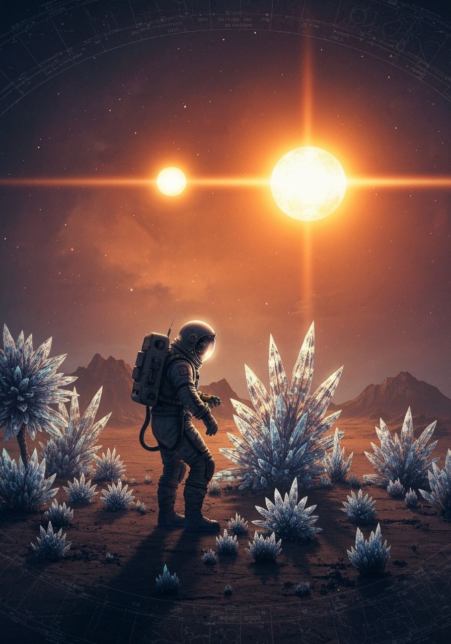 Astronaut Tends Alien Garden Under Twin Suns