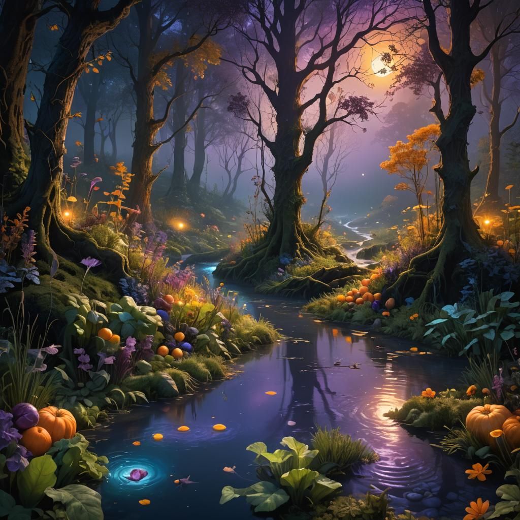 Moonlit Forest Clearing with Edible Plants