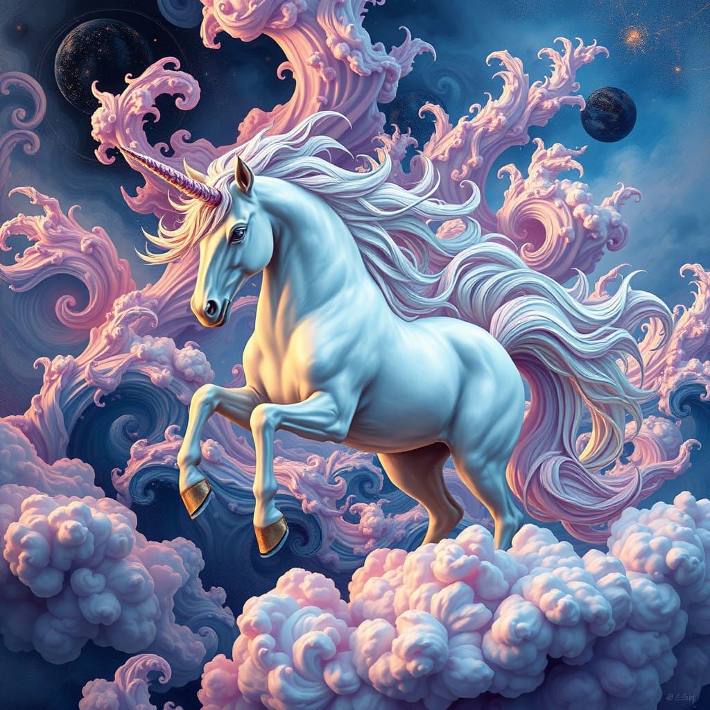 Majestic Unicorn in Swirling Cotton Candy Clouds, Oil Paint....