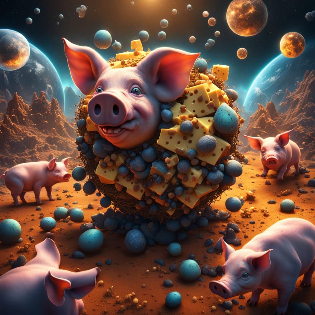 Surreal Sci-Fi Scene with Hatching Eggs and Space Pigs