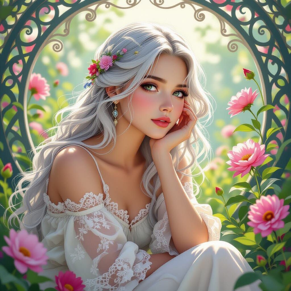 Dreamy Woman in a Flower Garden, Art Nouveau Style