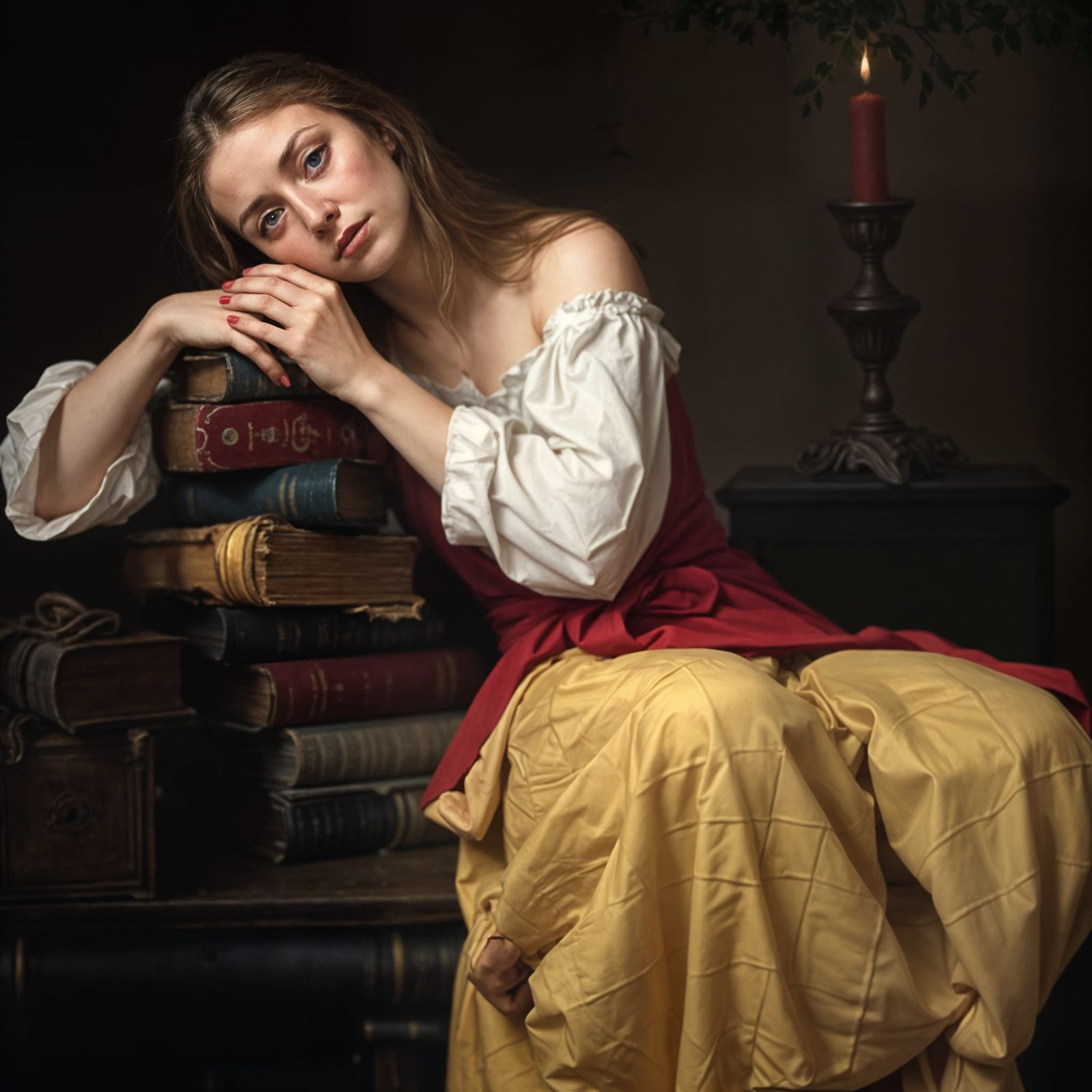 Sorrowful Woman in Chiaroscuro, Surrounded by Ancient Tomes