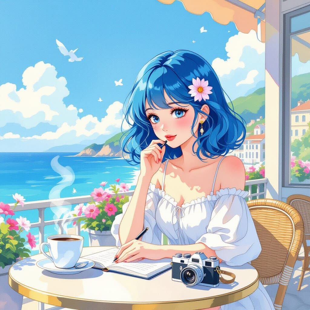 Blue Haired Woman Writes at Seaside Cafe Terrace