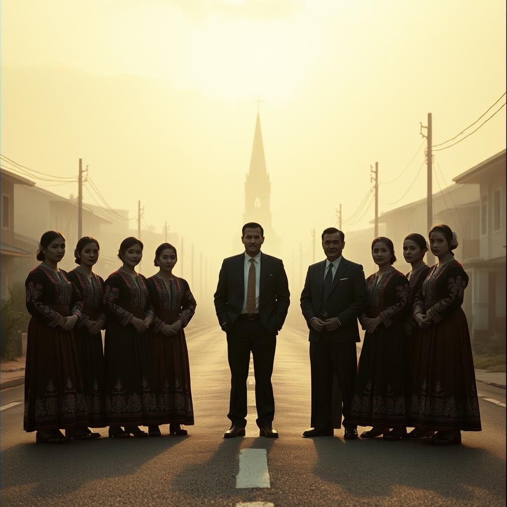 Misty Cityscape with Figures in Cinematic Lighting