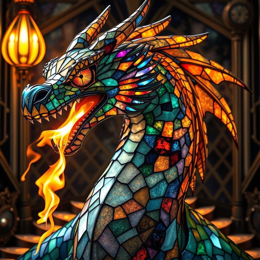Ethereal Steampunk Dragon in Vibrant Stained-Glass Mosaic