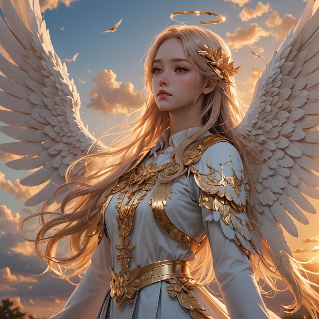 Anime Angel Girl Flying at Golden Hour