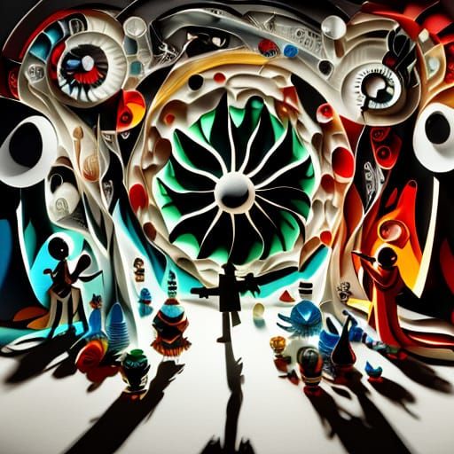 Surreal Paper World with Distorted Figures and Melting Clock...
