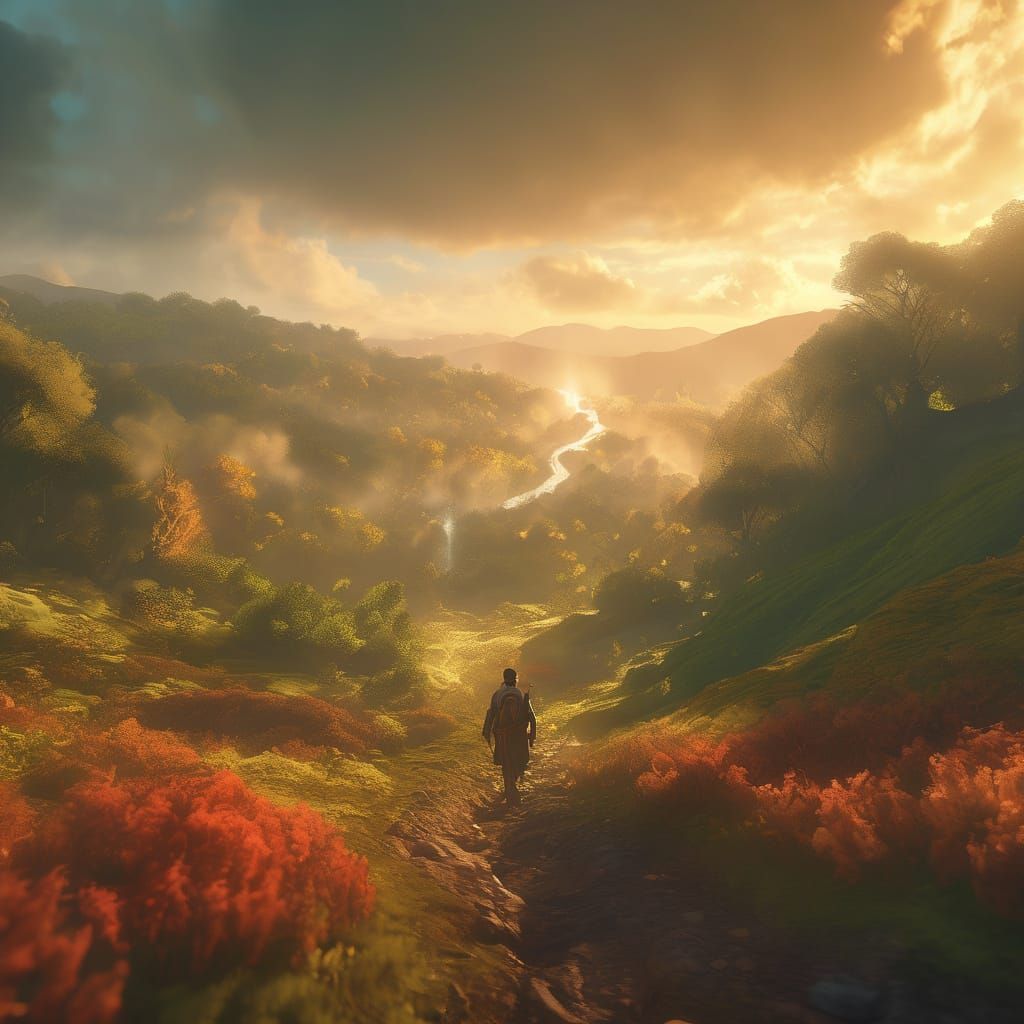 Person in Vibrant Fantasy Landscape Concept Art