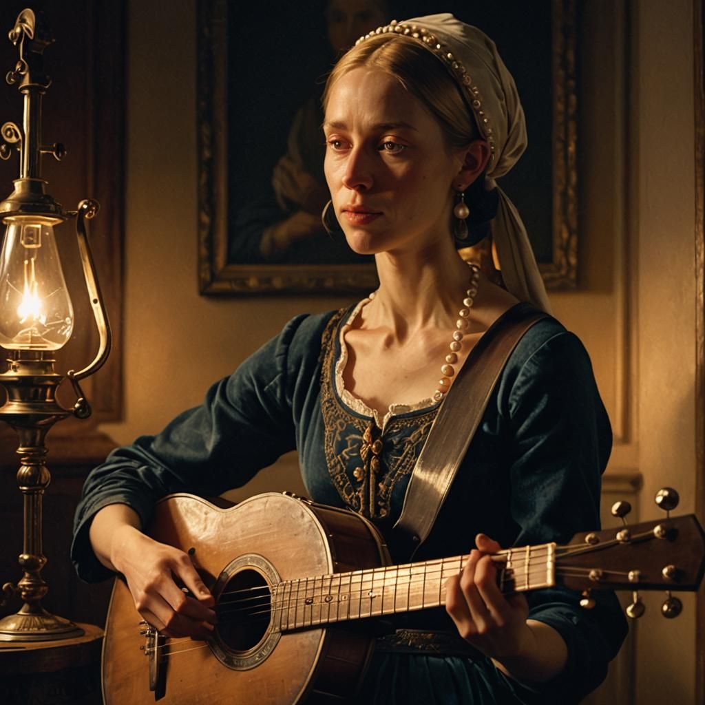 Girl with Banjo in Candlelit Room as Dutch Painting
