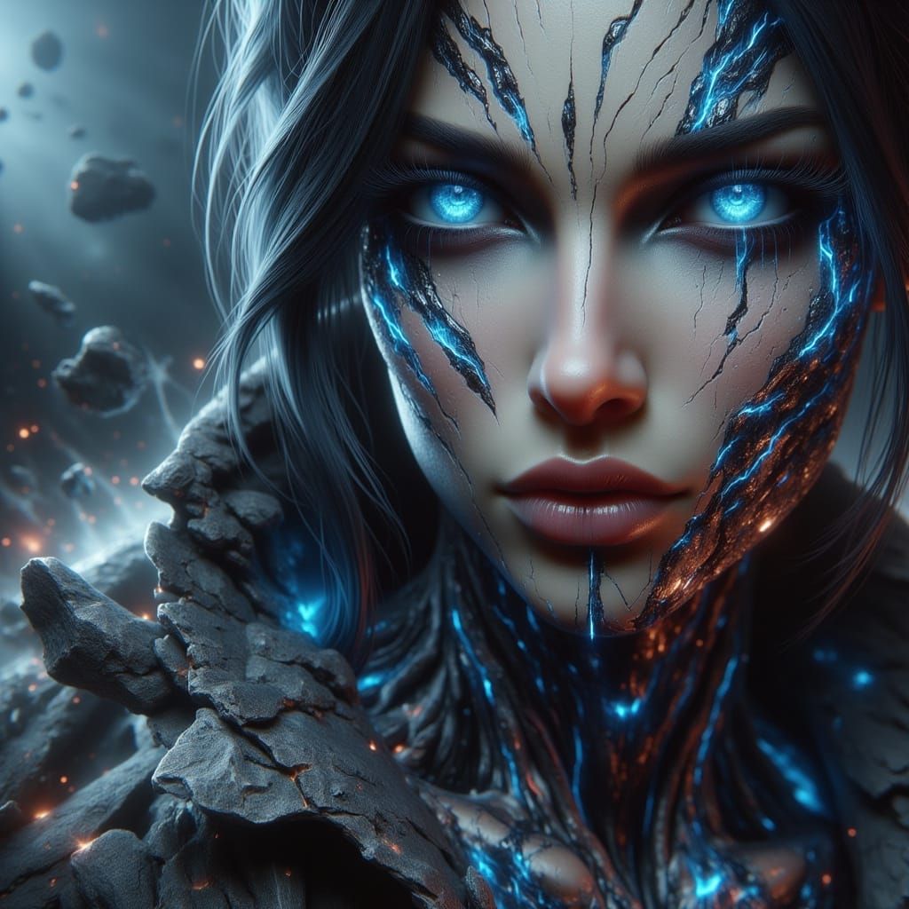 Battle-Scarred Android Close Up With Rubble and Smoke